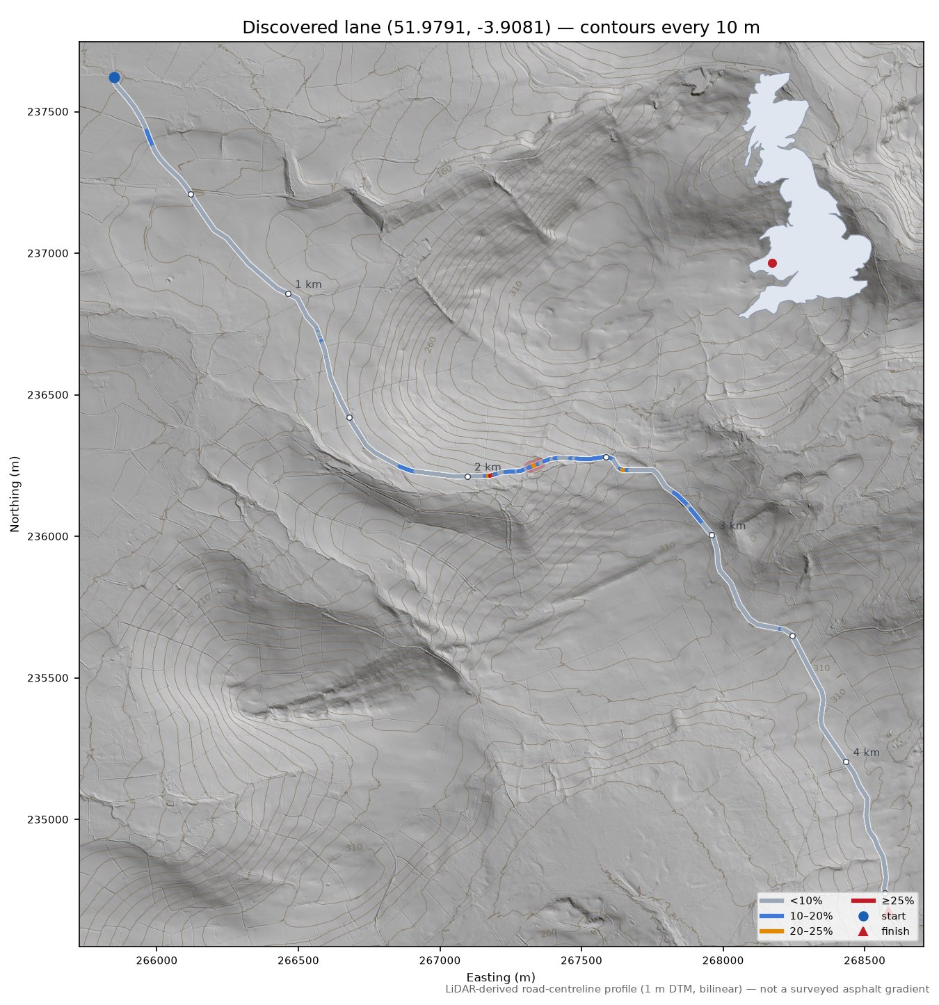 Discovered lane (51.9791, -3.9081) LiDAR hillshade map with contours