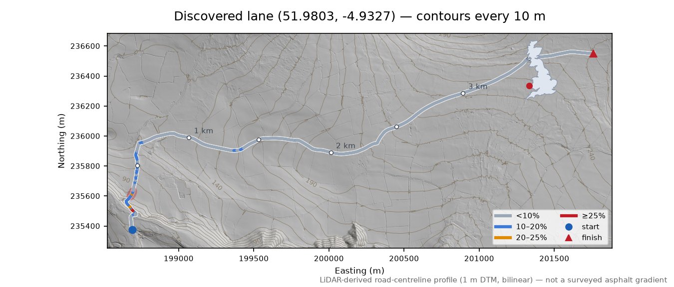 Discovered lane (51.9803, -4.9327) LiDAR hillshade map with contours