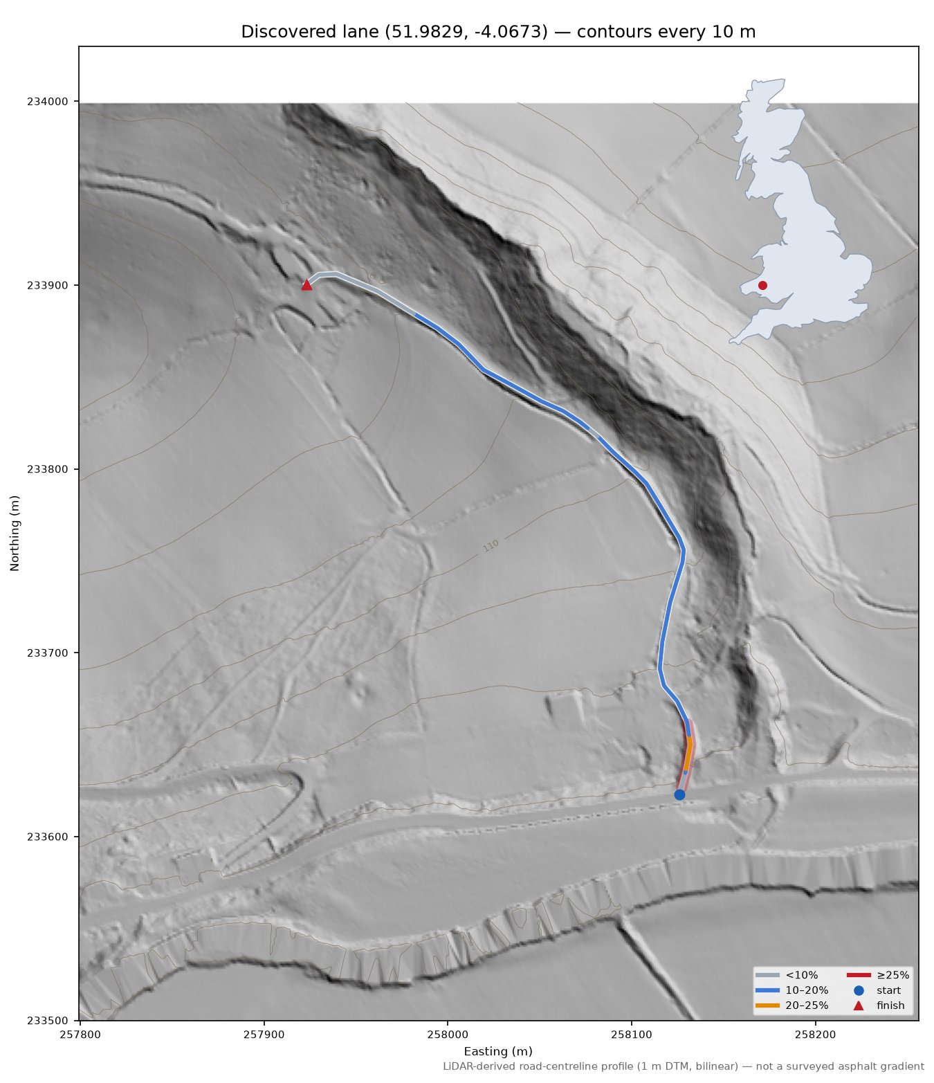 Discovered lane (51.9829, -4.0673) LiDAR hillshade map with contours