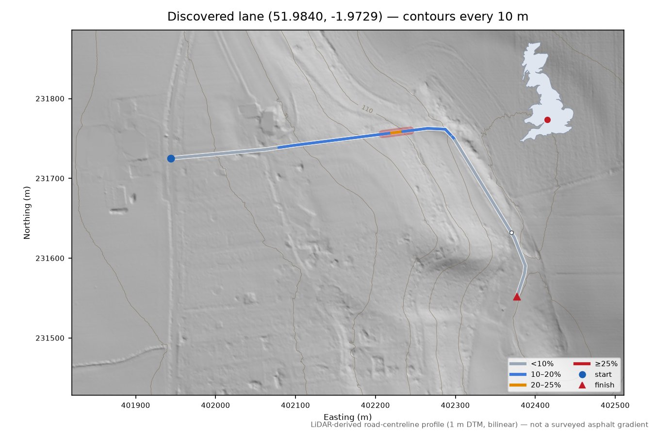 Discovered lane (51.9840, -1.9729) LiDAR hillshade map with contours