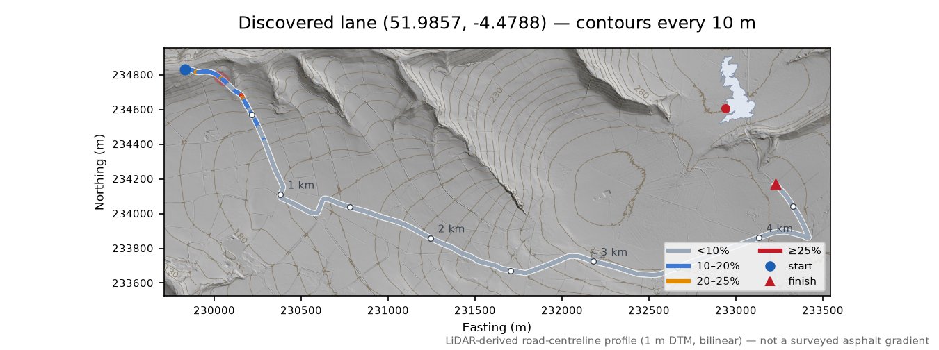 Discovered lane (51.9857, -4.4788) LiDAR hillshade map with contours