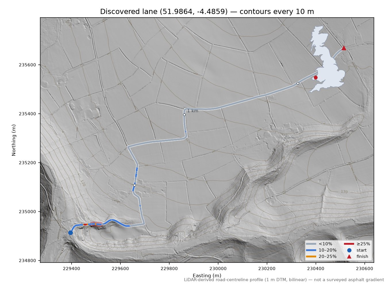 Discovered lane (51.9864, -4.4859) LiDAR hillshade map with contours