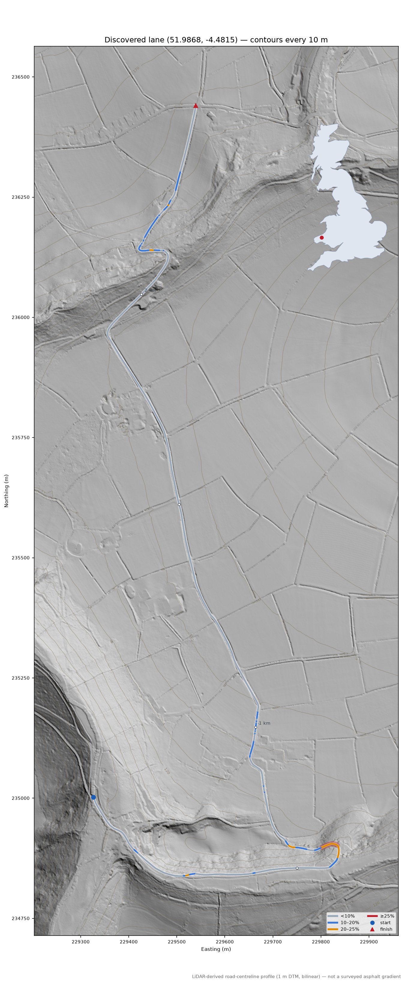 Discovered lane (51.9868, -4.4815) LiDAR hillshade map with contours