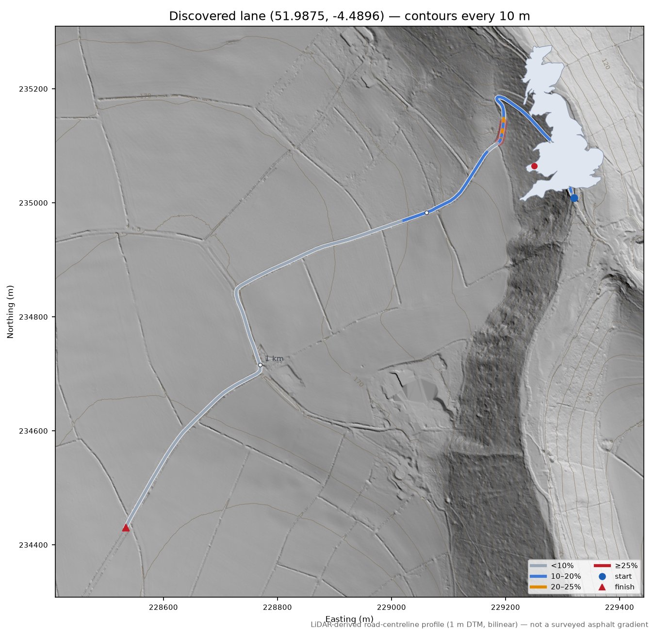 Discovered lane (51.9875, -4.4896) LiDAR hillshade map with contours
