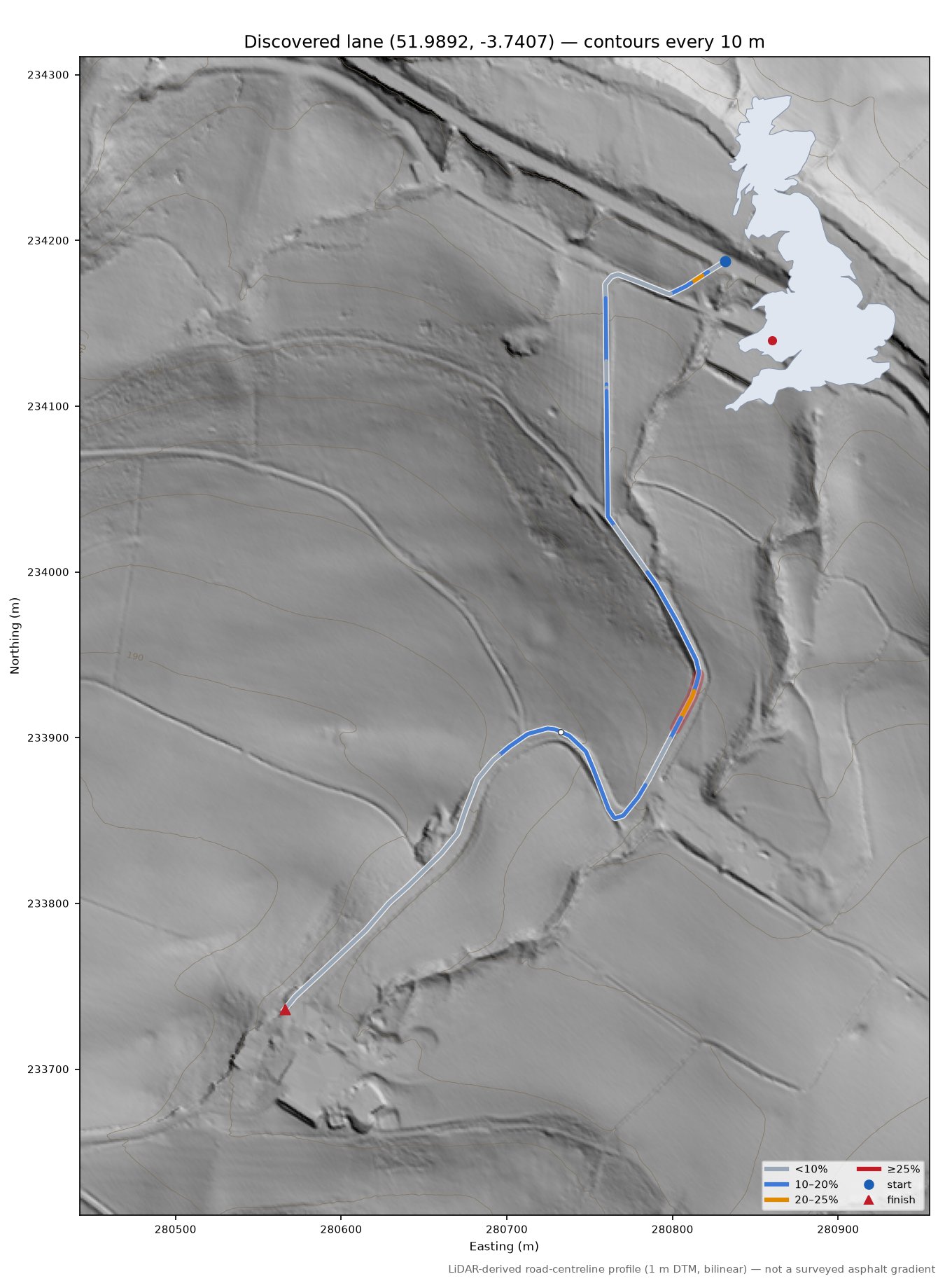 Discovered lane (51.9892, -3.7407) LiDAR hillshade map with contours