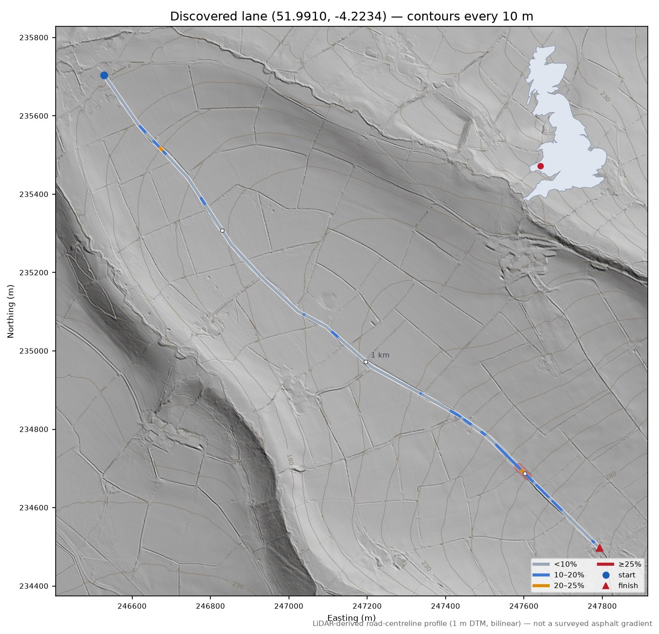 Discovered lane (51.9910, -4.2234) LiDAR hillshade map with contours