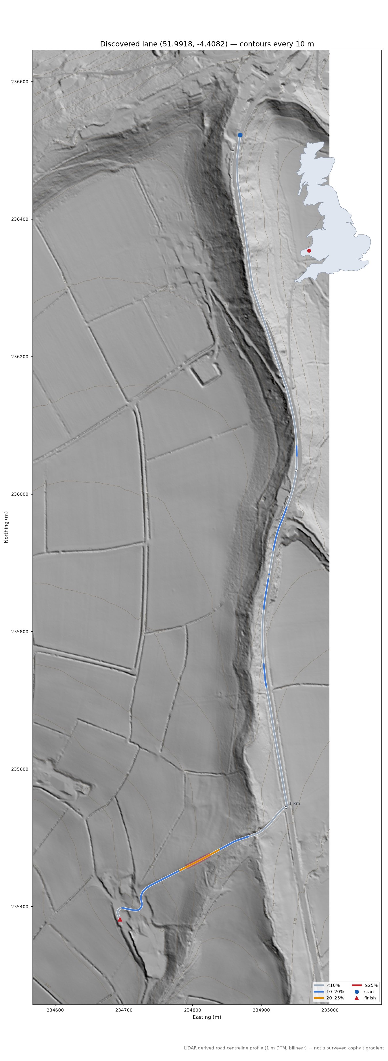 Discovered lane (51.9918, -4.4082) LiDAR hillshade map with contours