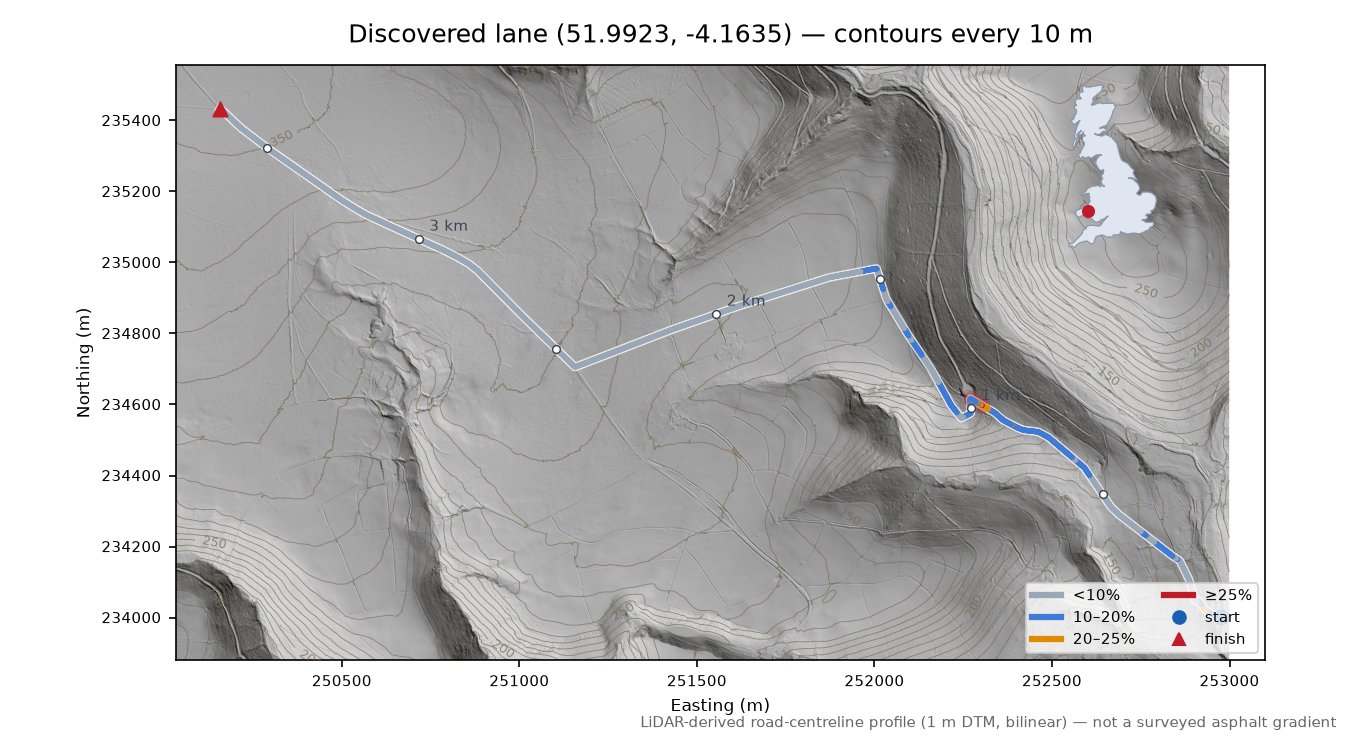 Discovered lane (51.9923, -4.1635) LiDAR hillshade map with contours