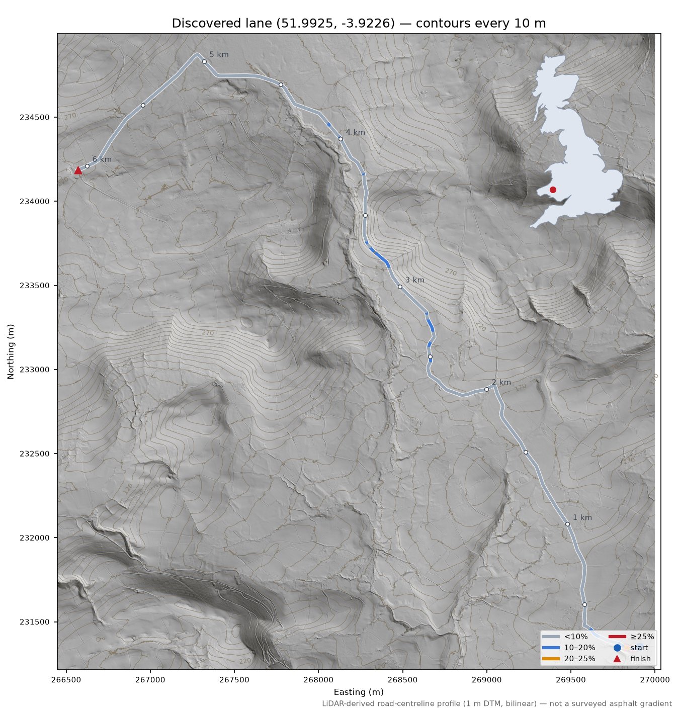 Discovered lane (51.9925, -3.9226) LiDAR hillshade map with contours