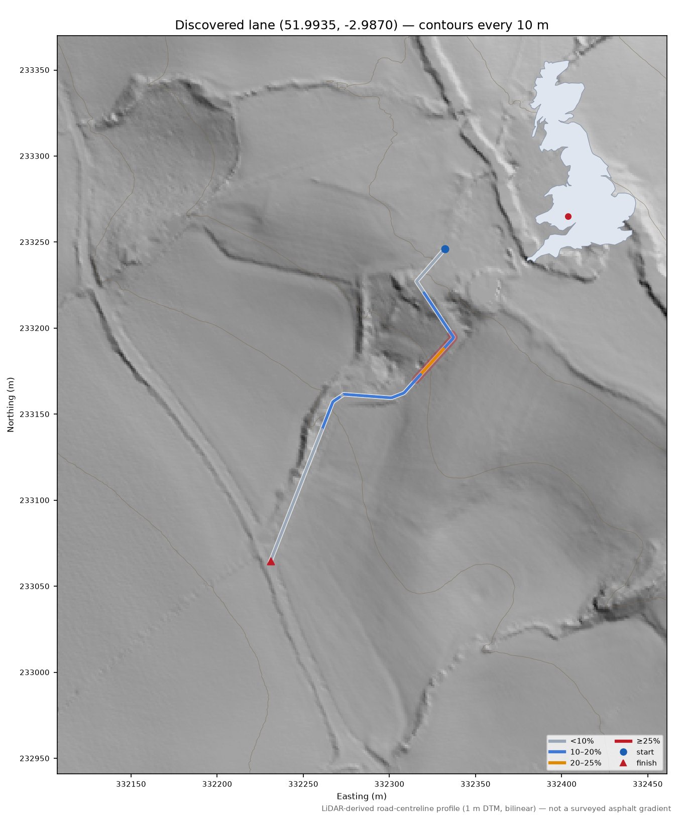 Discovered lane (51.9935, -2.9870) LiDAR hillshade map with contours