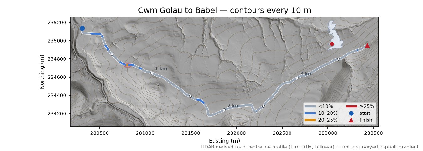 Cwm Golau to Babel LiDAR hillshade map with contours