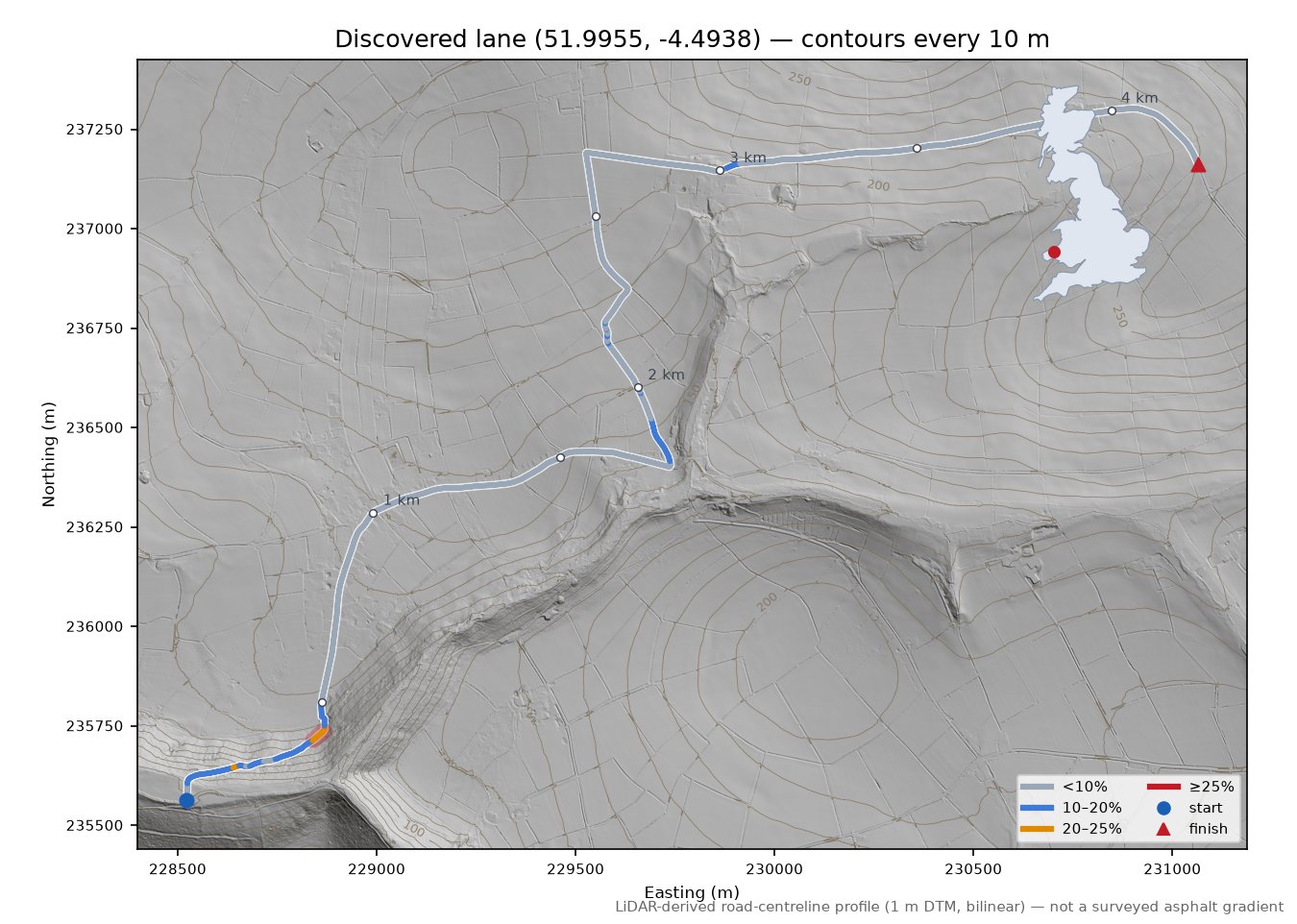 Discovered lane (51.9955, -4.4938) LiDAR hillshade map with contours
