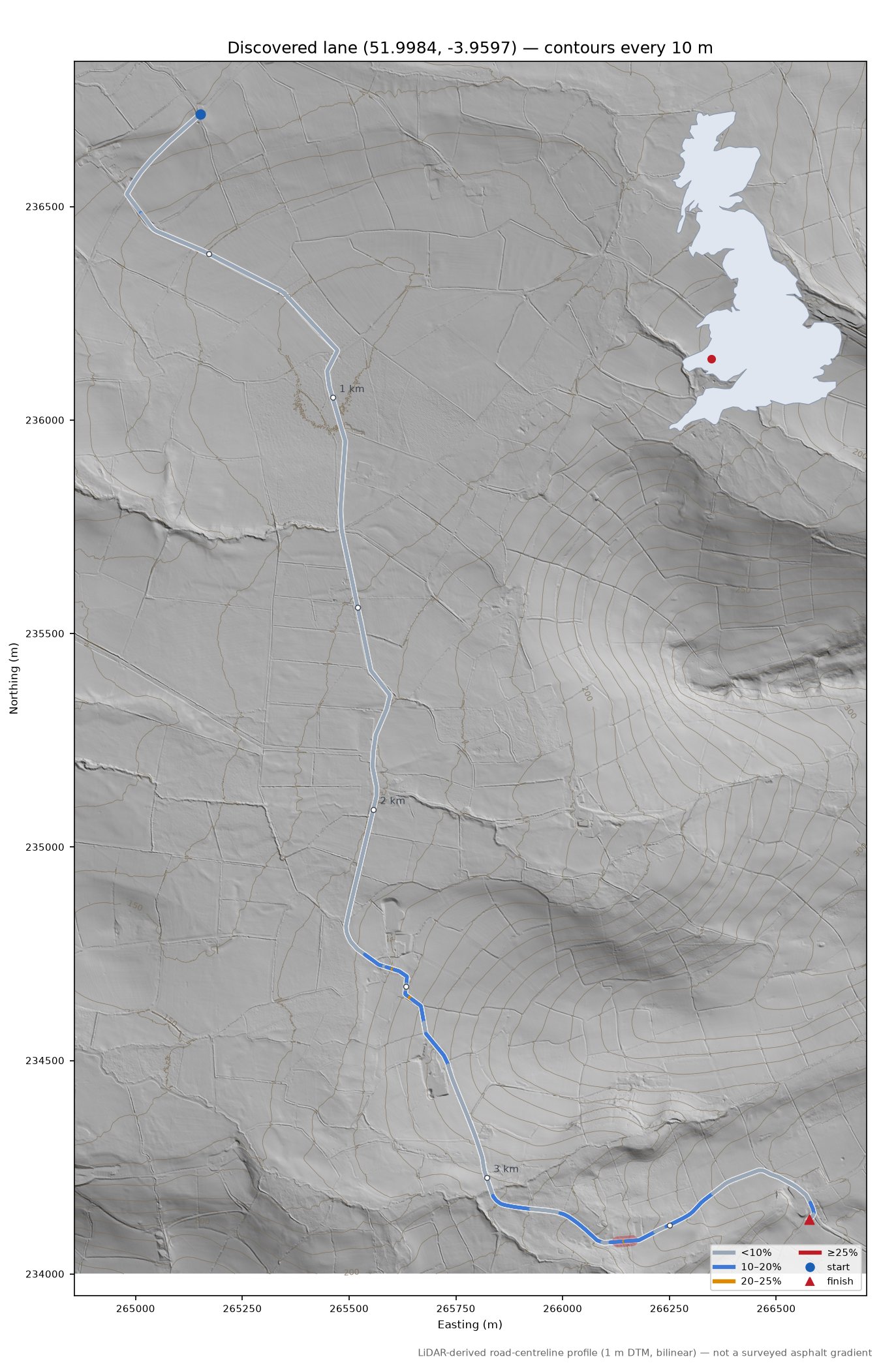 Discovered lane (51.9984, -3.9597) LiDAR hillshade map with contours