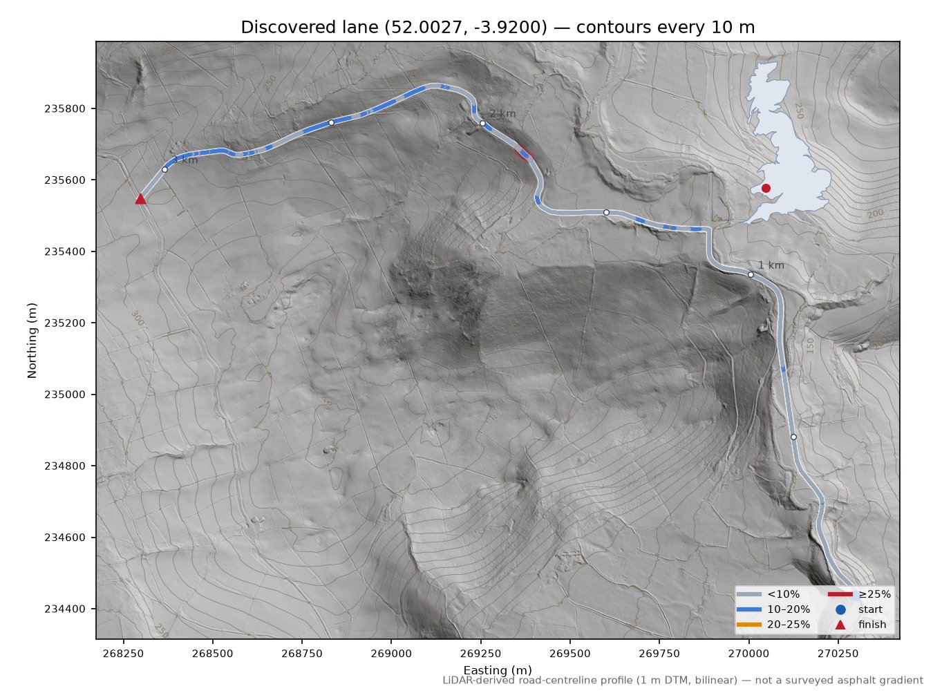Discovered lane (52.0027, -3.9200) LiDAR hillshade map with contours