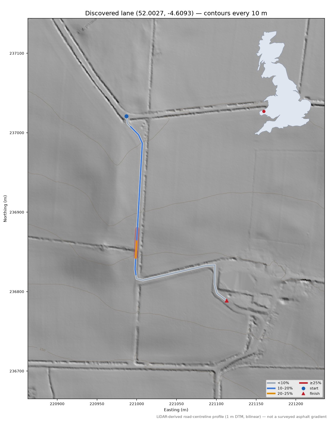 Discovered lane (52.0027, -4.6093) LiDAR hillshade map with contours