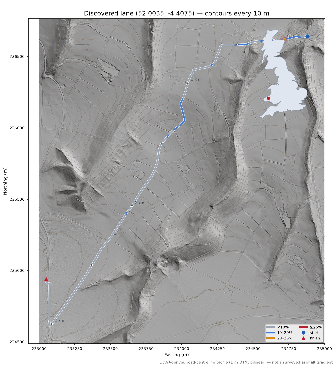 Discovered lane (52.0035, -4.4075) LiDAR hillshade map with contours