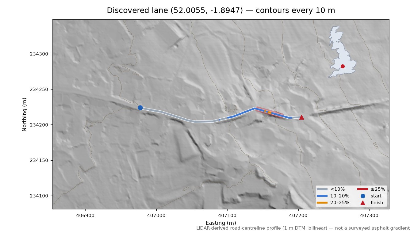 Discovered lane (52.0055, -1.8947) LiDAR hillshade map with contours