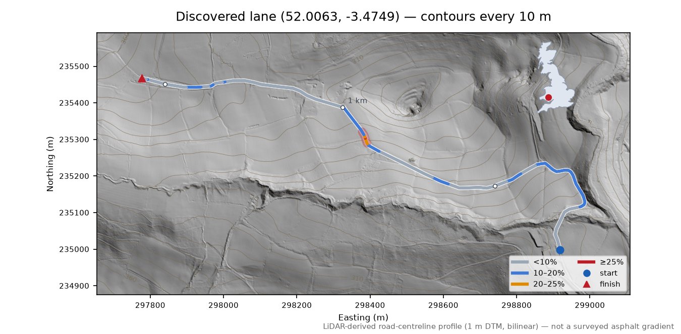 Discovered lane (52.0063, -3.4749) LiDAR hillshade map with contours