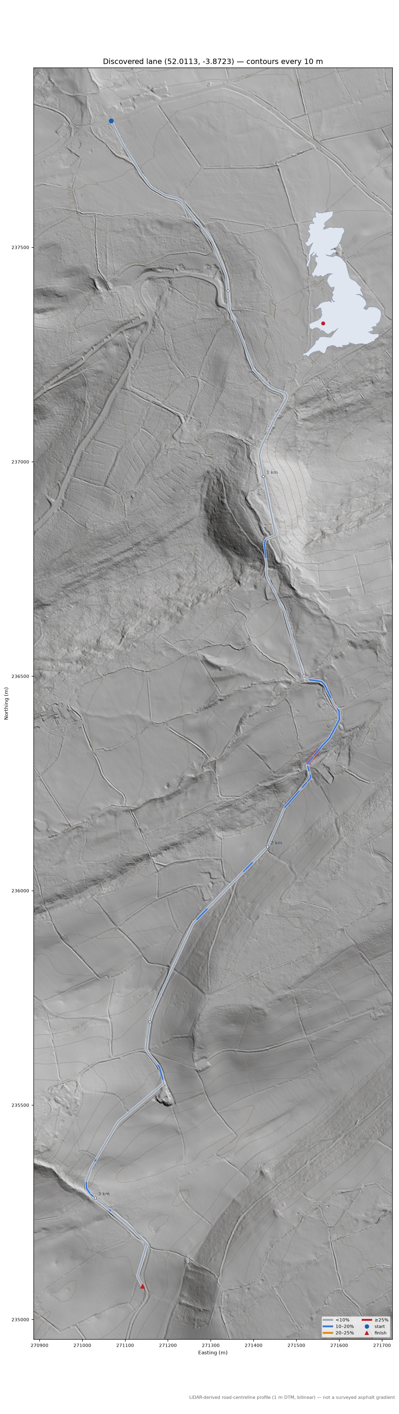 Discovered lane (52.0113, -3.8723) LiDAR hillshade map with contours