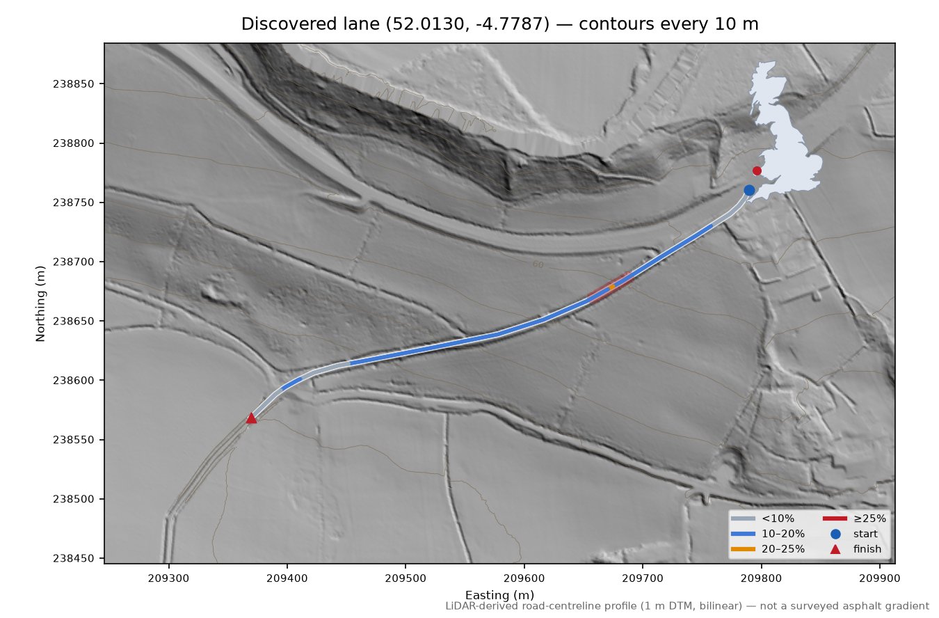 Discovered lane (52.0130, -4.7787) LiDAR hillshade map with contours