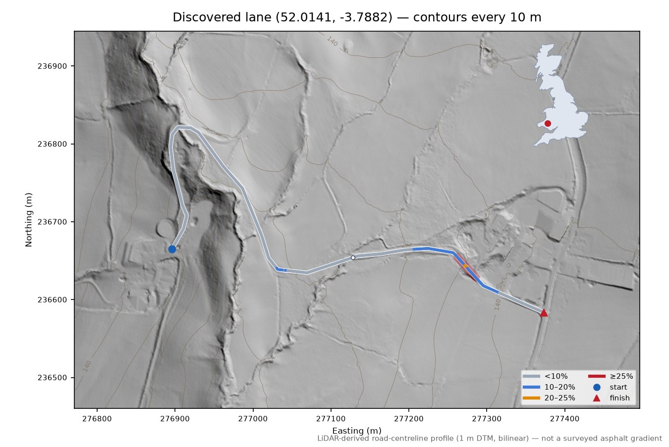 Discovered lane (52.0141, -3.7882) LiDAR hillshade map with contours