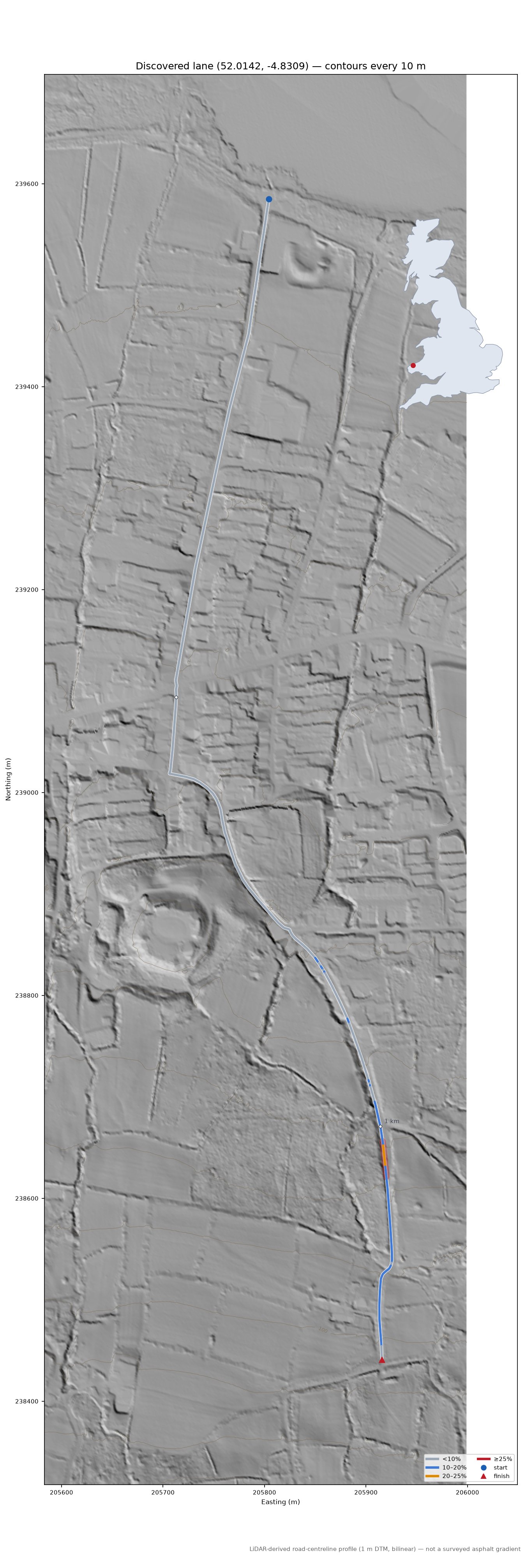 Discovered lane (52.0142, -4.8309) LiDAR hillshade map with contours