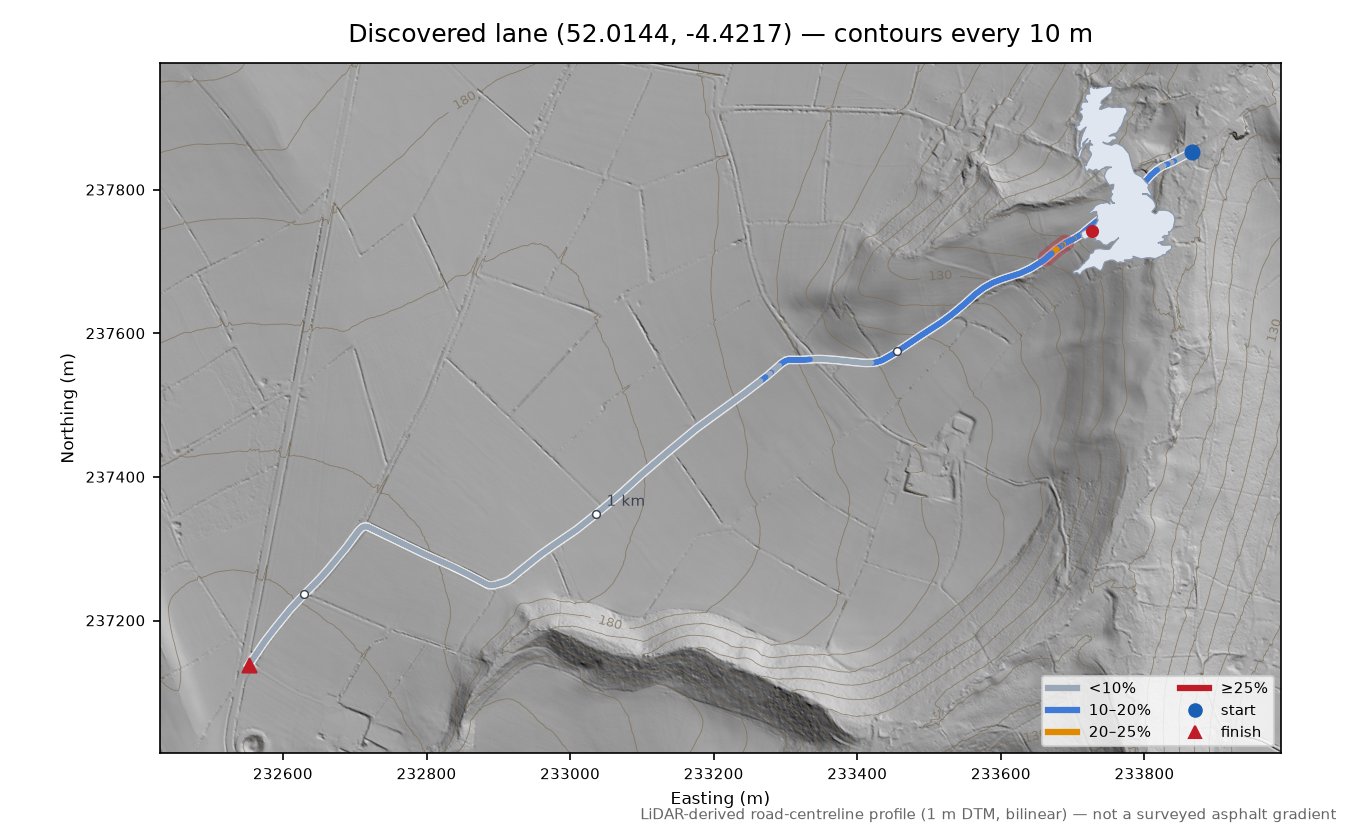 Discovered lane (52.0144, -4.4217) LiDAR hillshade map with contours