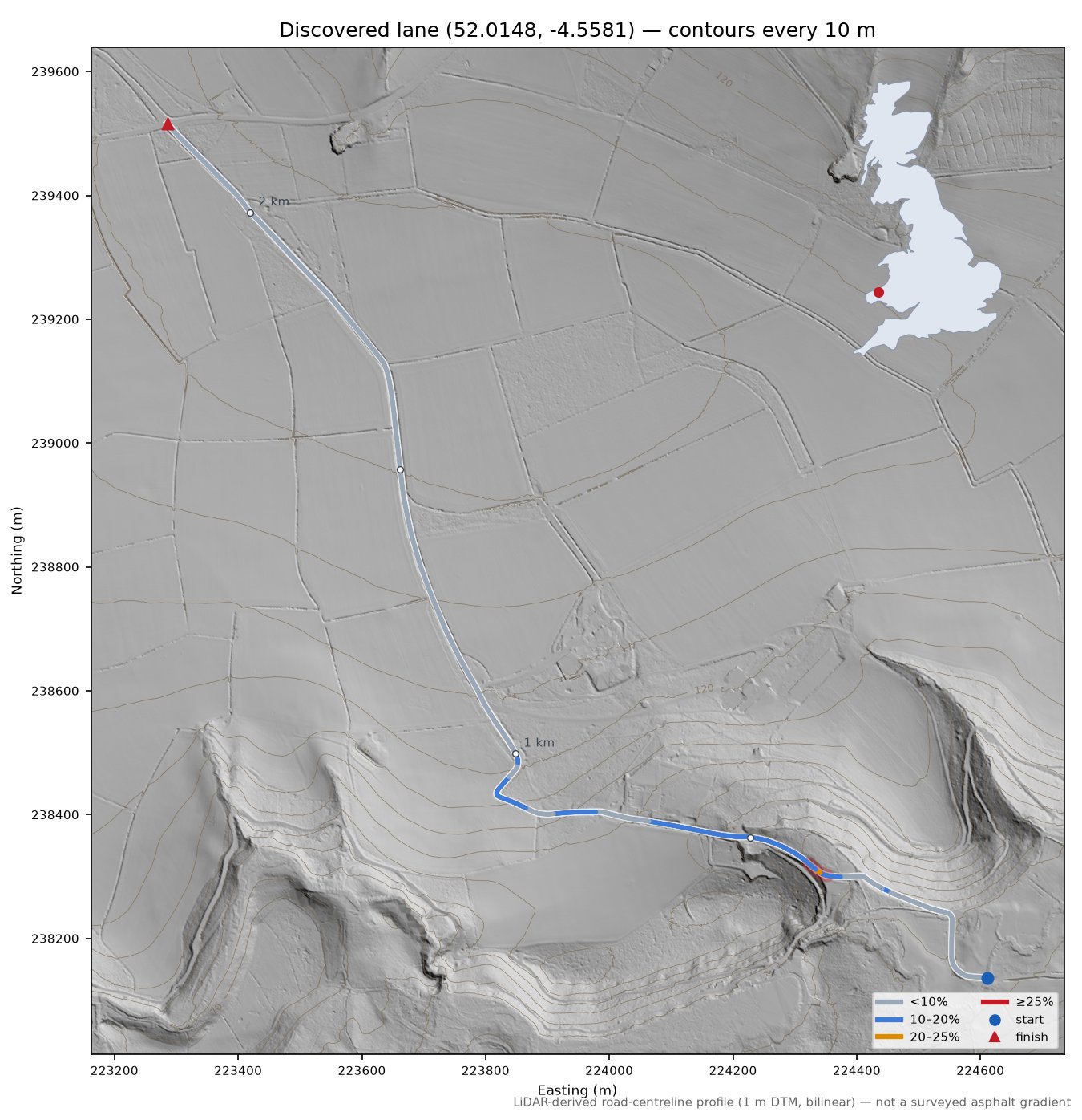 Discovered lane (52.0148, -4.5581) LiDAR hillshade map with contours