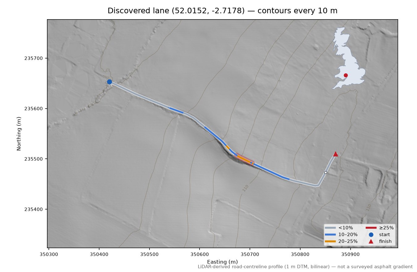 Discovered lane (52.0152, -2.7178) LiDAR hillshade map with contours