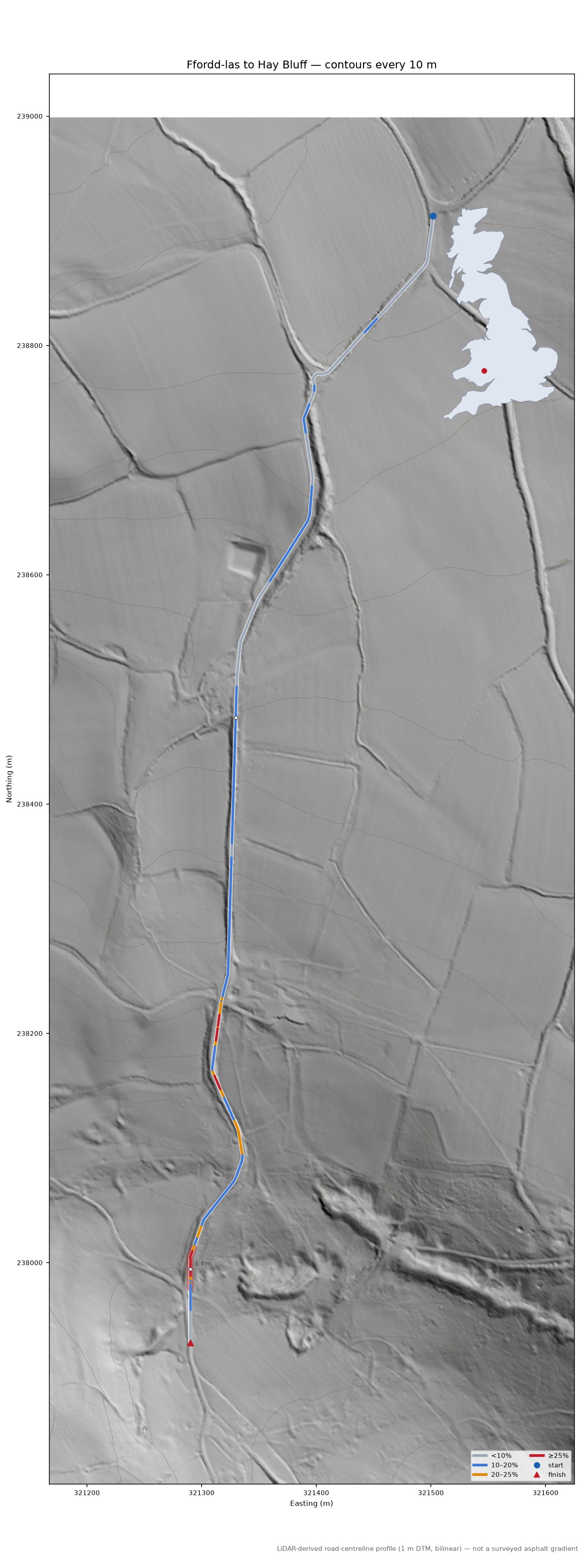 Ffordd-las to Hay Bluff LiDAR hillshade map with contours