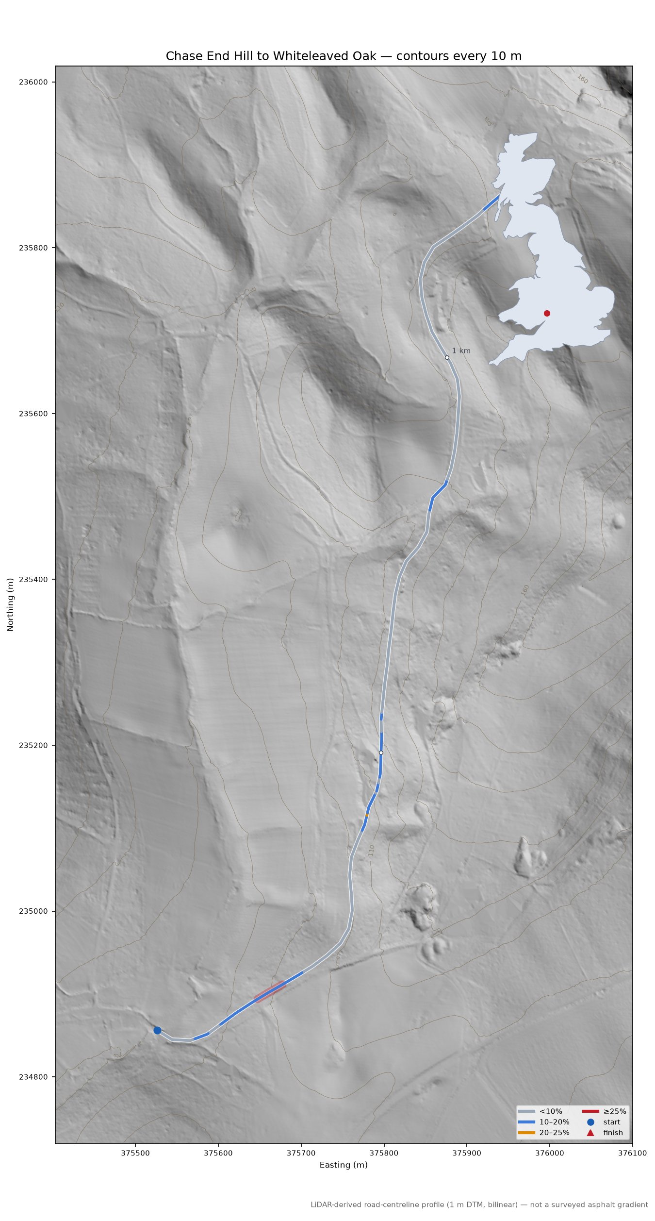 Chase End Hill to Whiteleaved Oak LiDAR hillshade map with contours