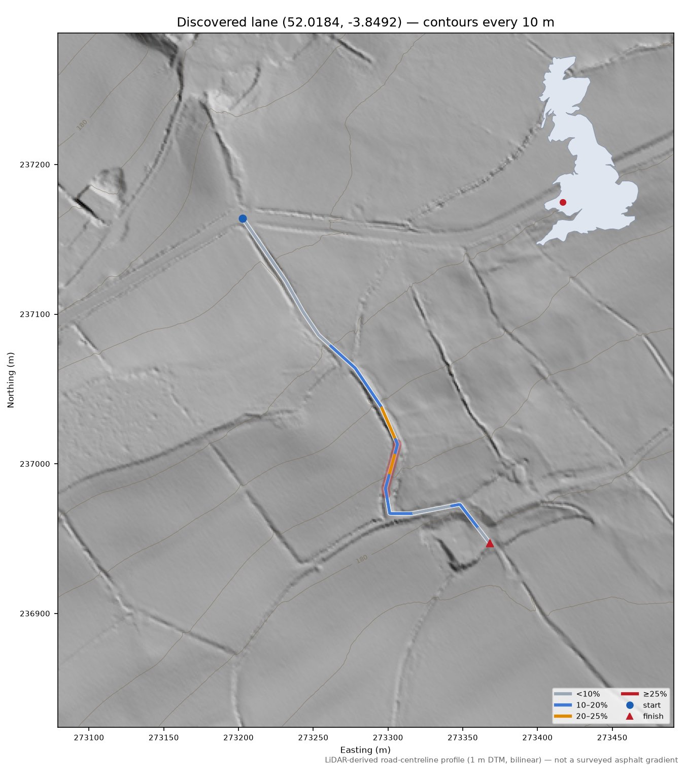Discovered lane (52.0184, -3.8492) LiDAR hillshade map with contours
