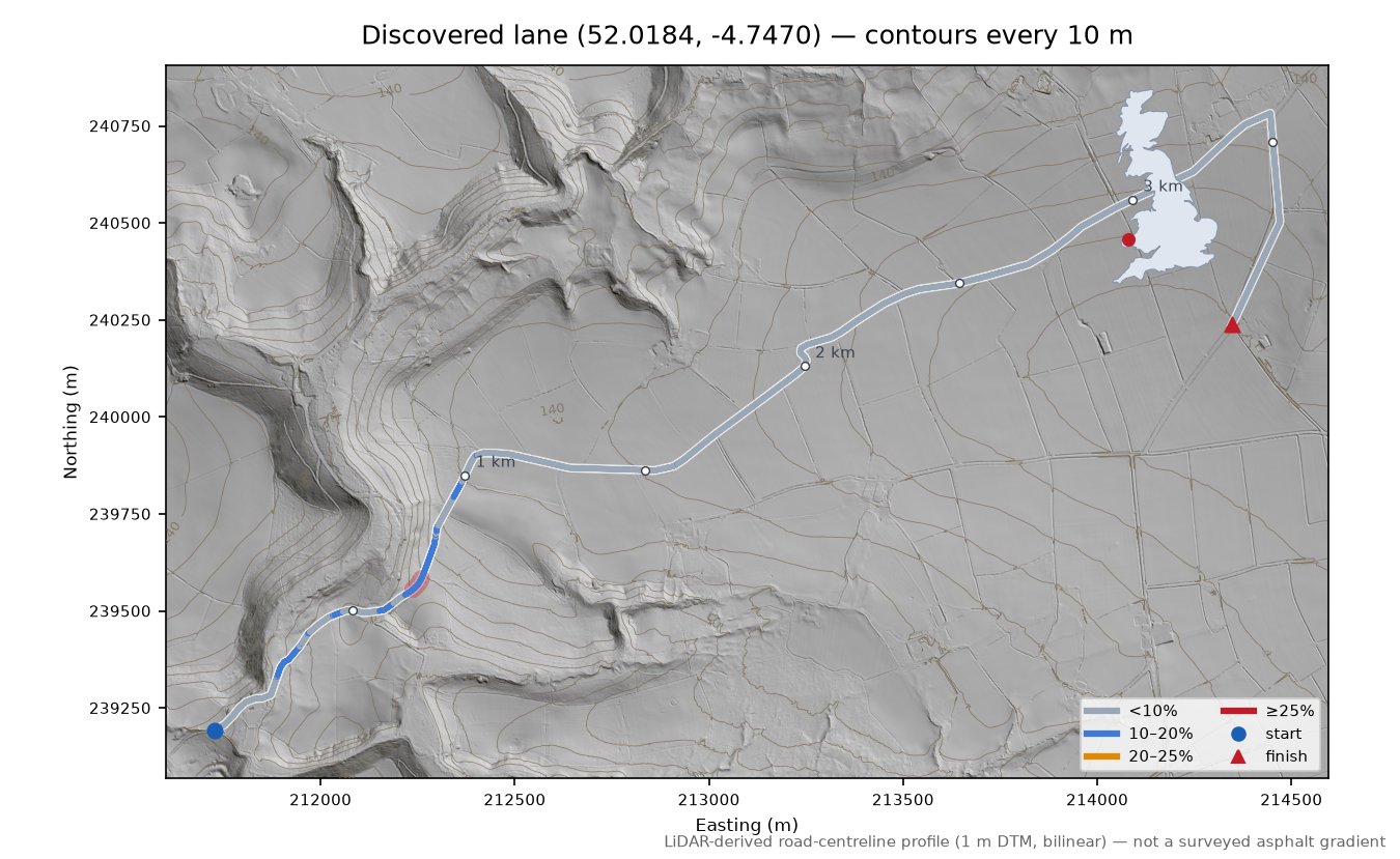 Discovered lane (52.0184, -4.7470) LiDAR hillshade map with contours