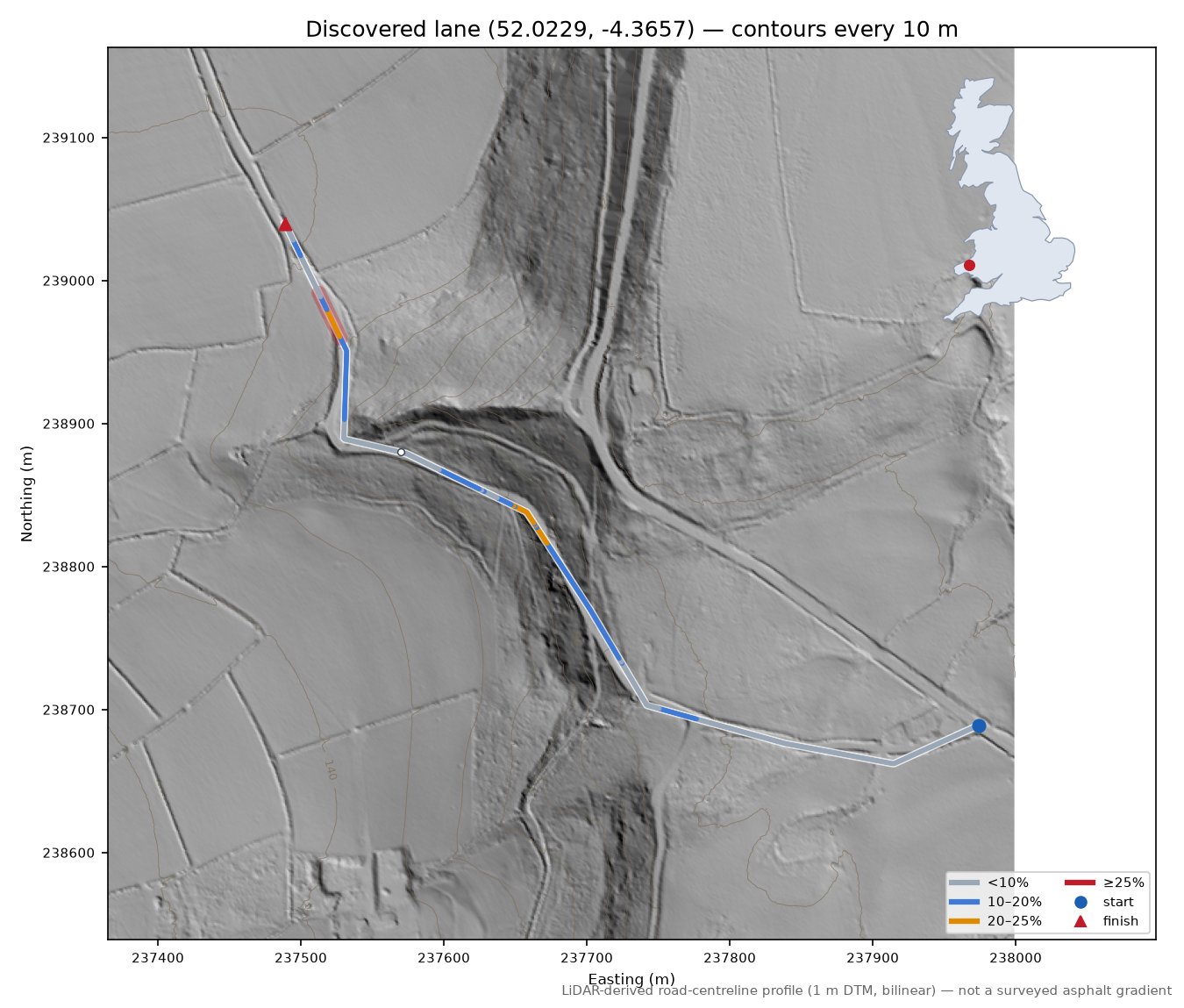 Discovered lane (52.0229, -4.3657) LiDAR hillshade map with contours