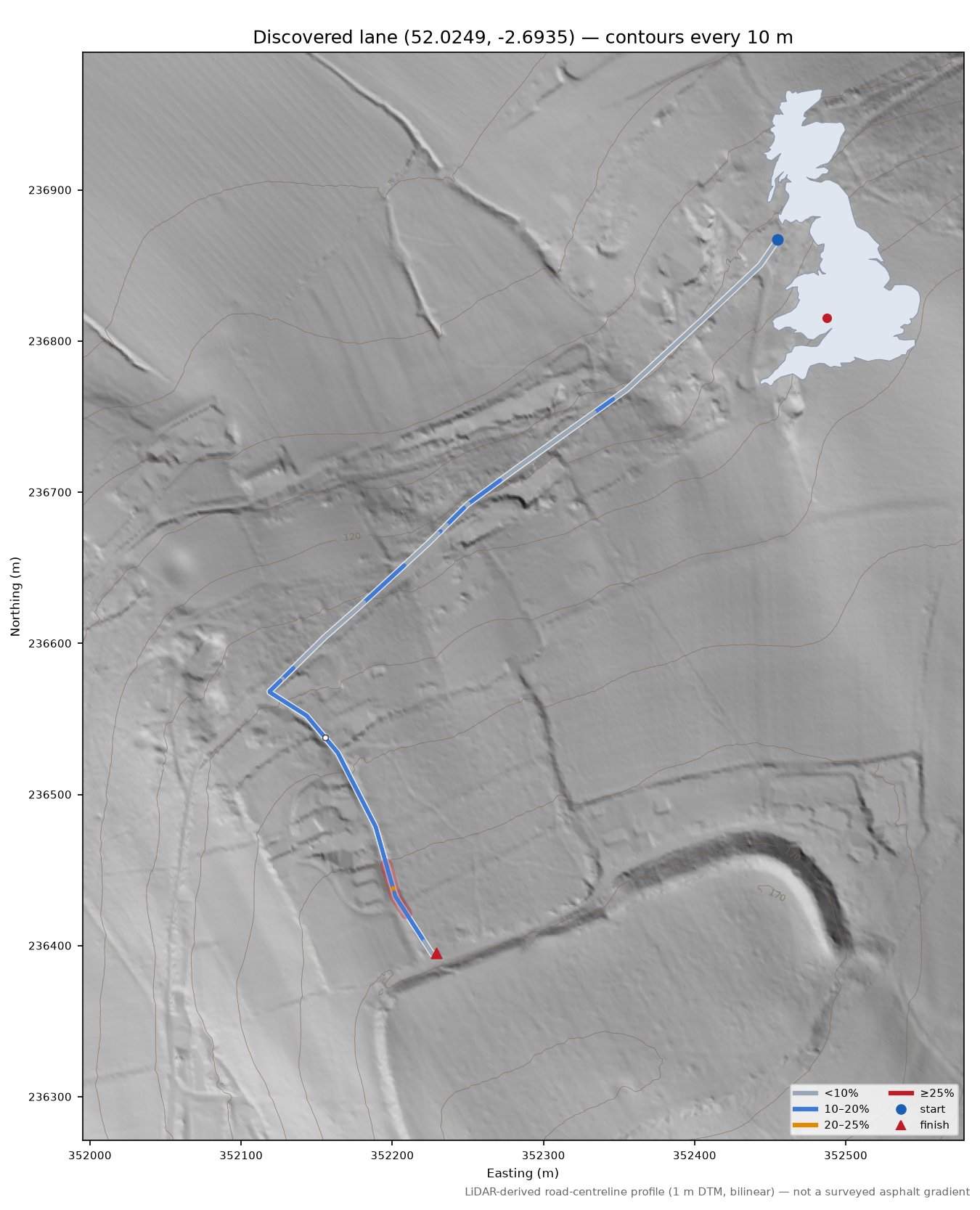 Discovered lane (52.0249, -2.6935) LiDAR hillshade map with contours