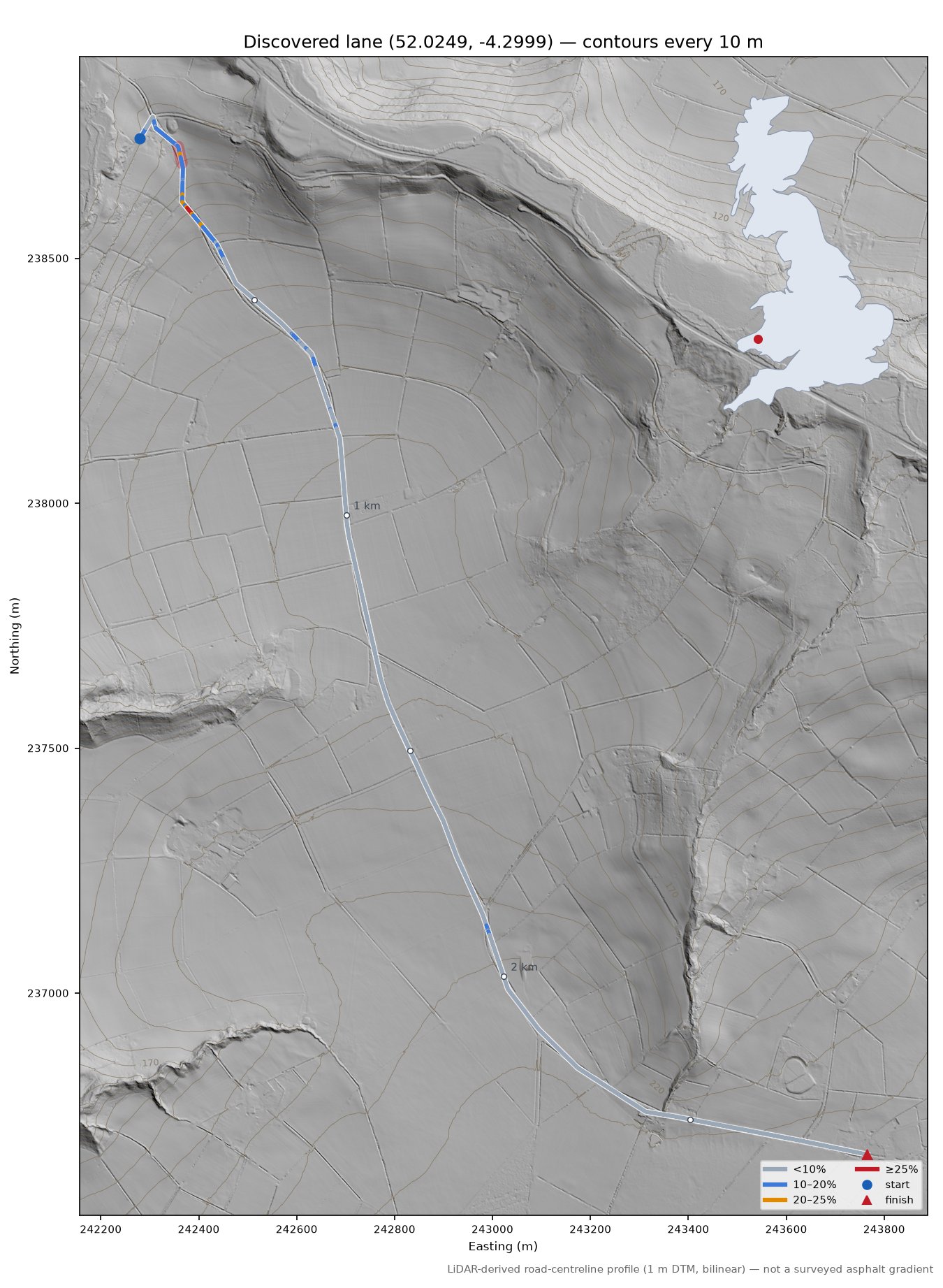 Discovered lane (52.0249, -4.2999) LiDAR hillshade map with contours