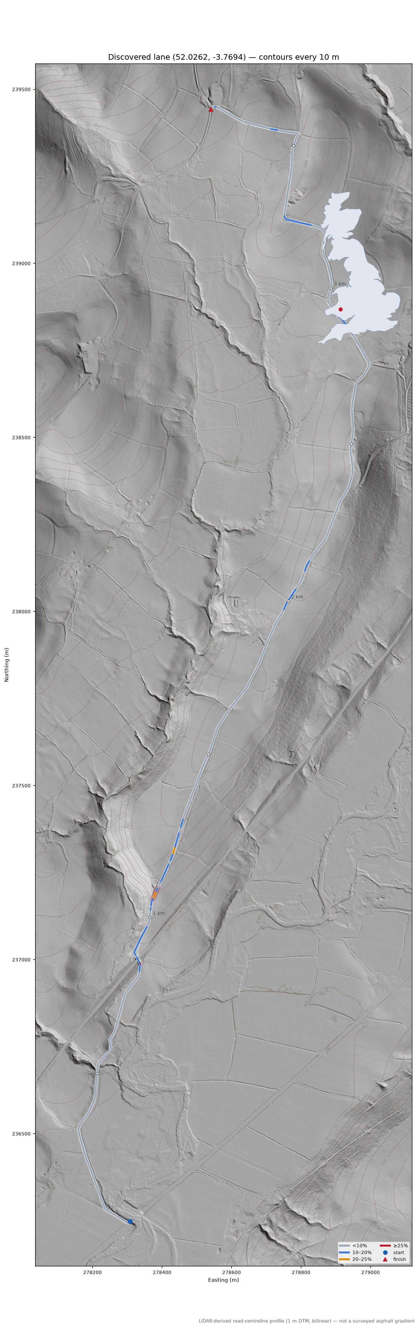 Discovered lane (52.0262, -3.7694) LiDAR hillshade map with contours