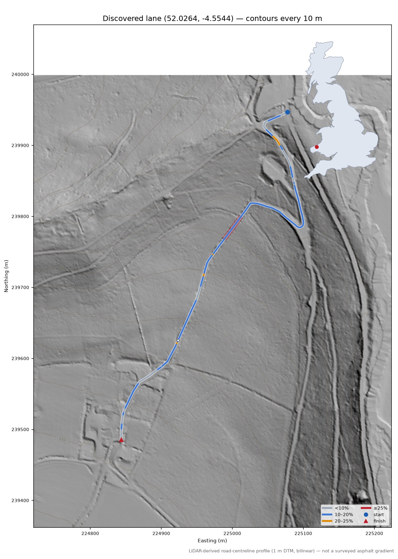 Discovered lane (52.0264, -4.5544) LiDAR hillshade map with contours