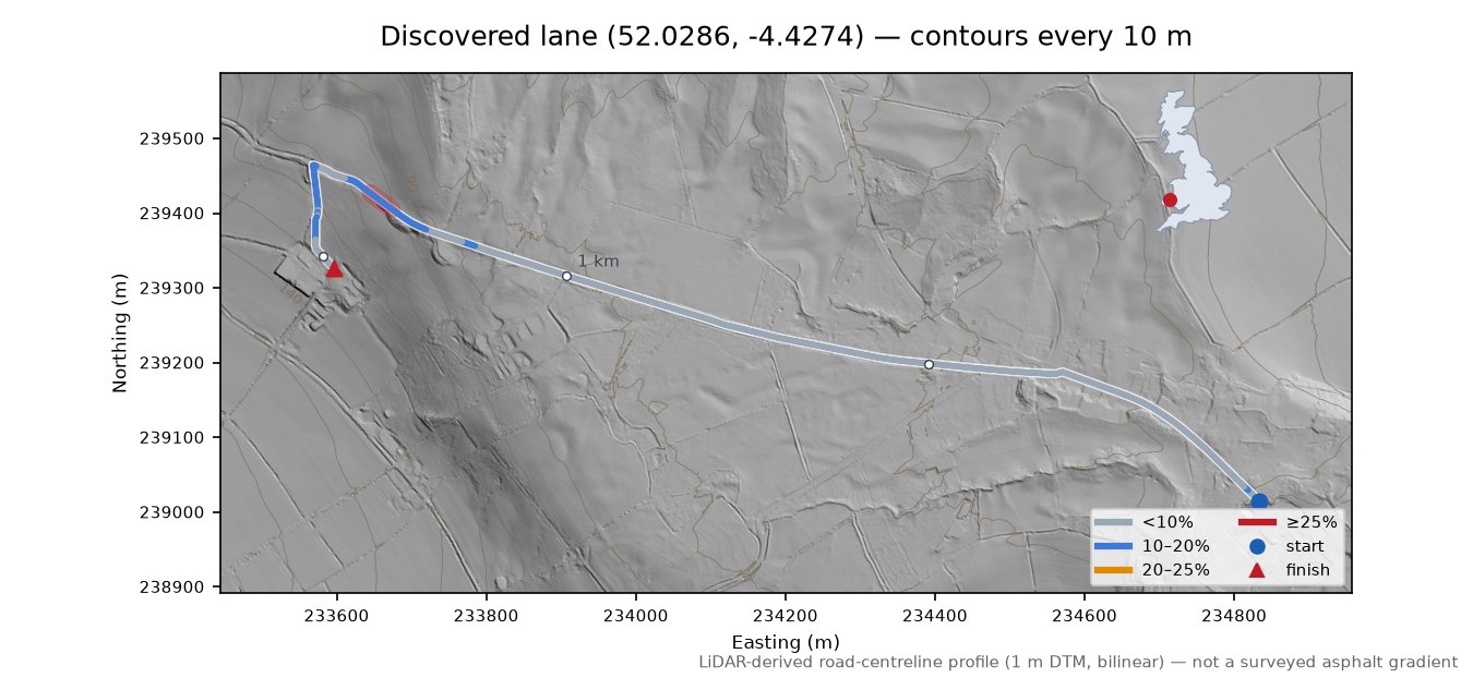 Discovered lane (52.0286, -4.4274) LiDAR hillshade map with contours