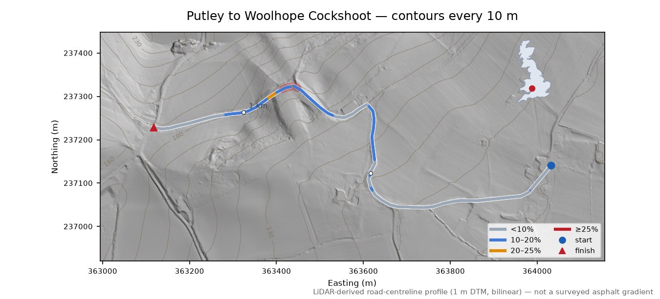 Putley to Woolhope Cockshoot LiDAR hillshade map with contours