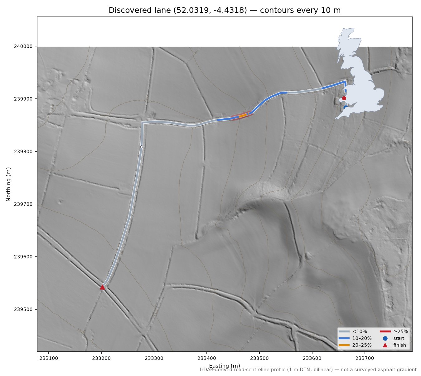 Discovered lane (52.0319, -4.4318) LiDAR hillshade map with contours