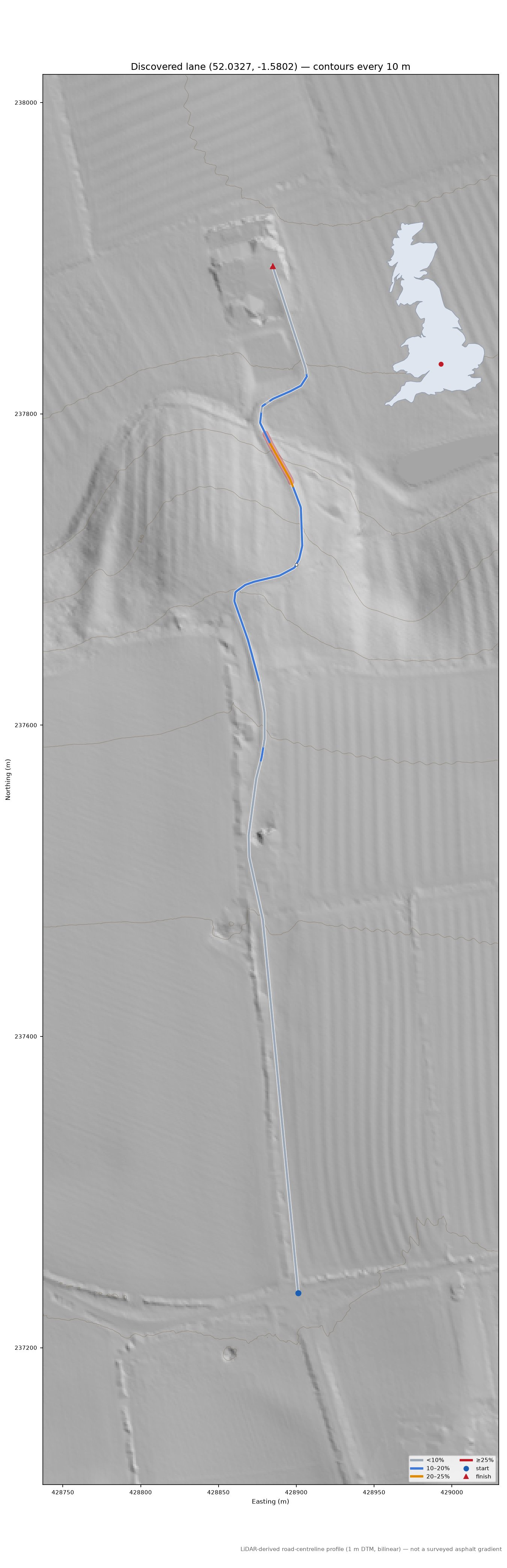 Discovered lane (52.0327, -1.5802) LiDAR hillshade map with contours
