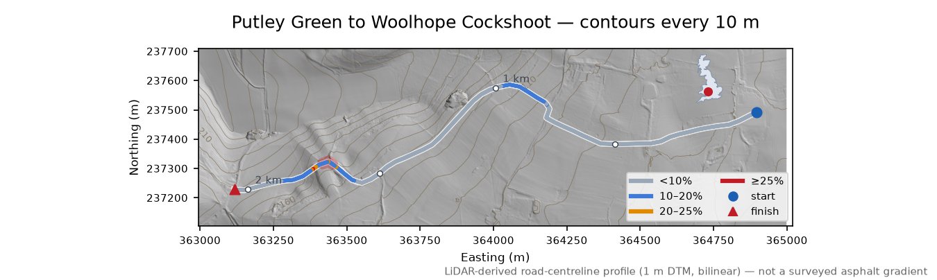 Putley Green to Woolhope Cockshoot LiDAR hillshade map with contours