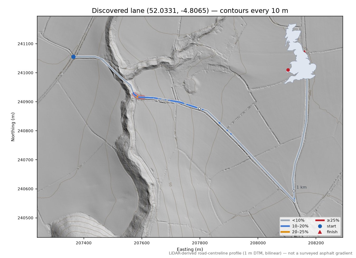Discovered lane (52.0331, -4.8065) LiDAR hillshade map with contours