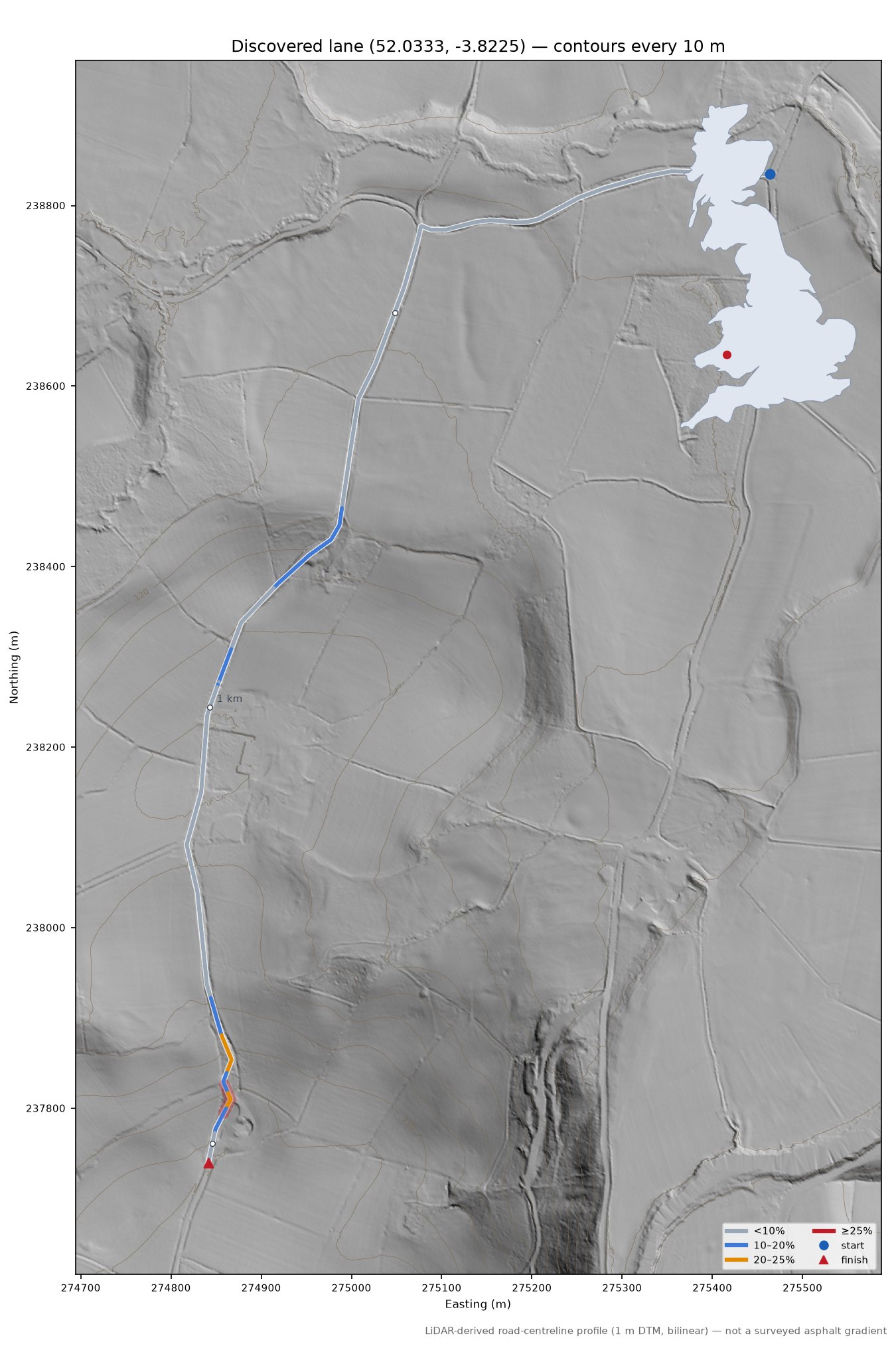 Discovered lane (52.0333, -3.8225) LiDAR hillshade map with contours