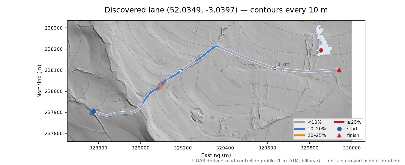 Discovered lane (52.0349, -3.0397) LiDAR hillshade map with contours