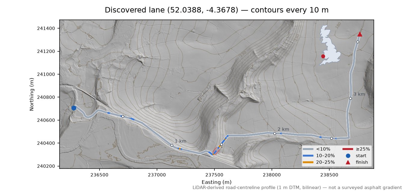 Discovered lane (52.0388, -4.3678) LiDAR hillshade map with contours