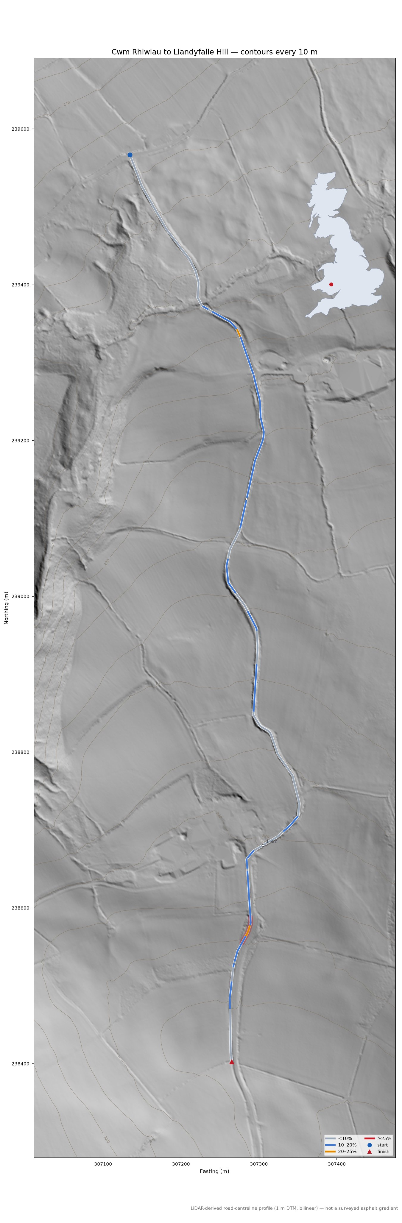 Cwm Rhiwiau to Llandyfalle Hill LiDAR hillshade map with contours