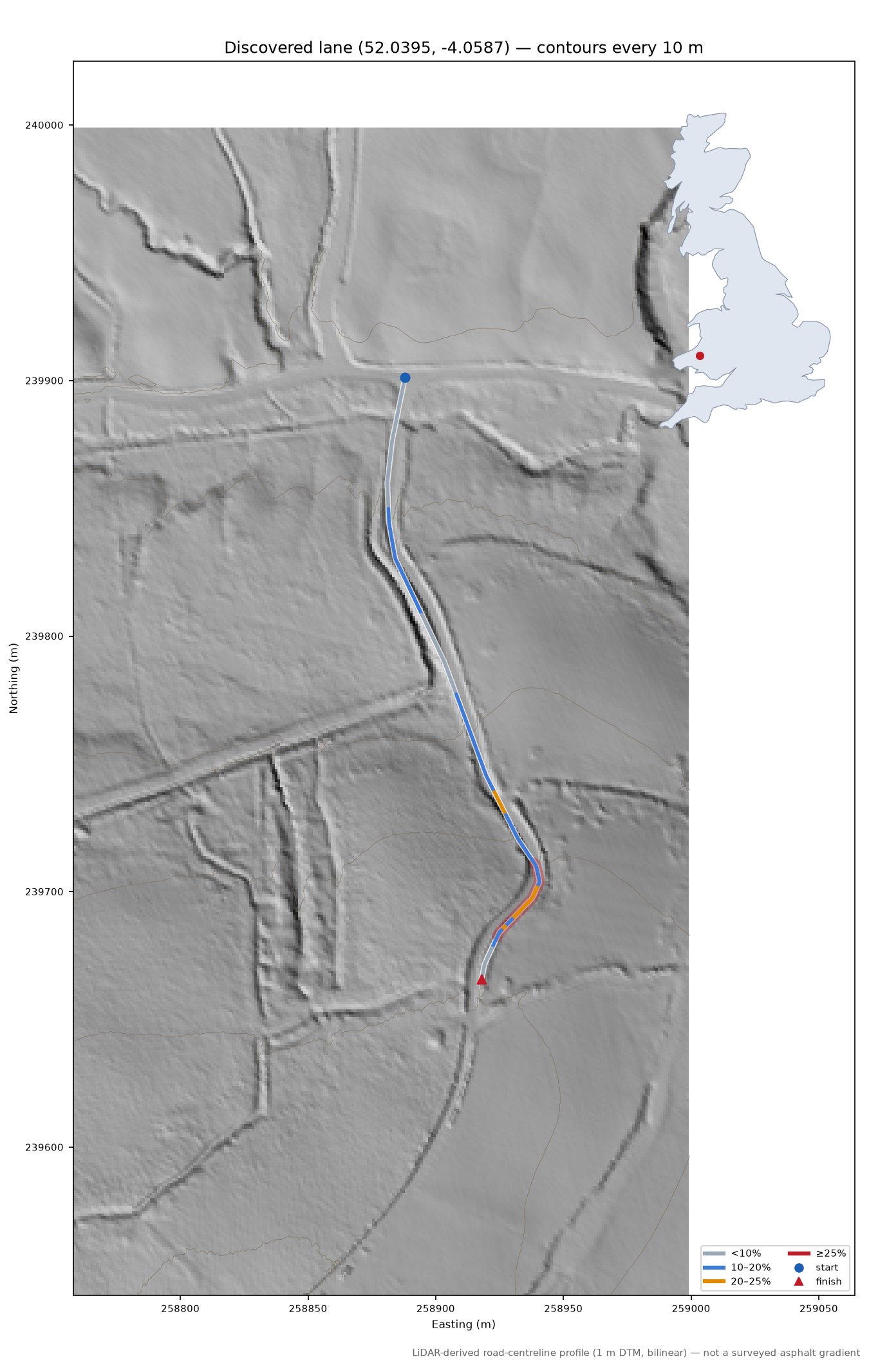 Discovered lane (52.0395, -4.0587) LiDAR hillshade map with contours
