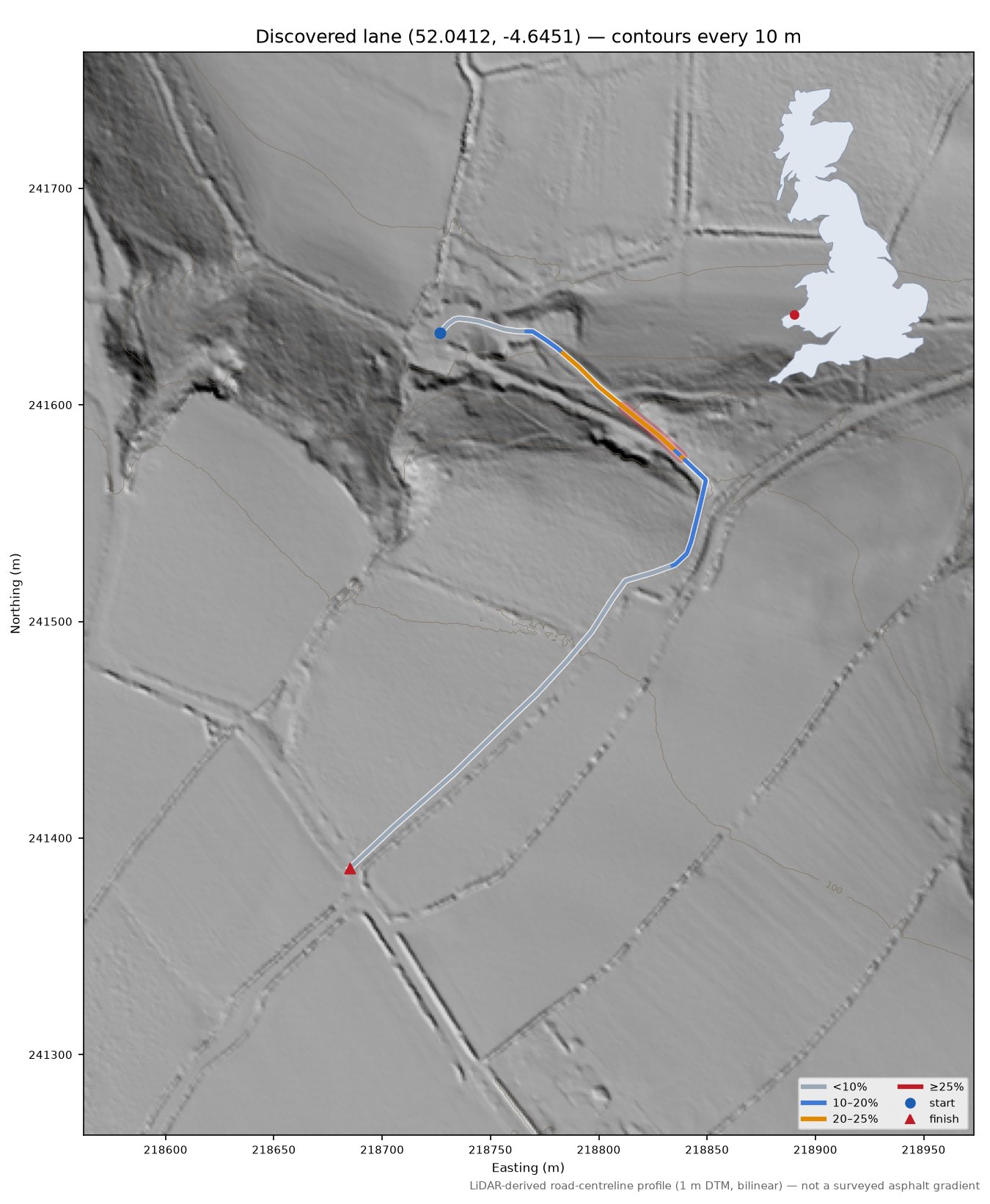 Discovered lane (52.0412, -4.6451) LiDAR hillshade map with contours